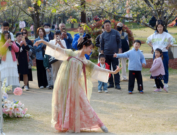 清明假期期间,上海顾村公园樱花岛上,游客在观赏国风汉服快闪表演。(图片来源:视觉中国)