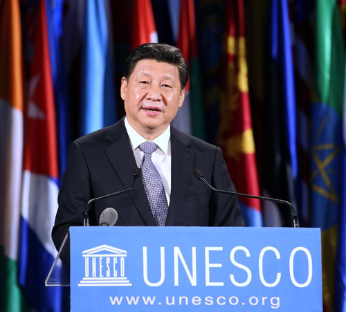 2014年3月27日,习近平主席在巴黎联合国教科文组织总部发表重要演讲。