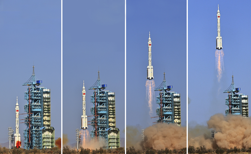 2023年10月26日,神舟十七号载人飞船发射升空过程(拼版照片) 2023年10月26日,神舟十七号载人飞船发射升空过程(拼版照片)