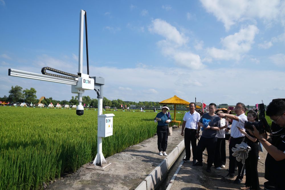 在北大荒集团闫家岗农场有限公司农业现代化示范区,工作人员在介绍利用数字技术的叶龄诊断仪(2023年8月10日摄)。新华社记者 王建威 摄 在北大荒集团闫家岗农场有限公司农业现代化示范区,工作人员在介绍利用数字技术的叶龄诊断仪(2023年8月10日摄)。新华社记者 王建威 摄